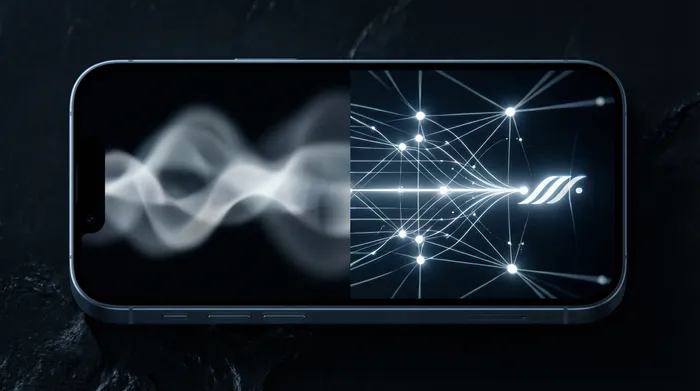 一位穿著西裝的男士正在操作一個顯示在智慧型手機上方的全息投影數位介面,該介面顯示著網路數據和IP位址。