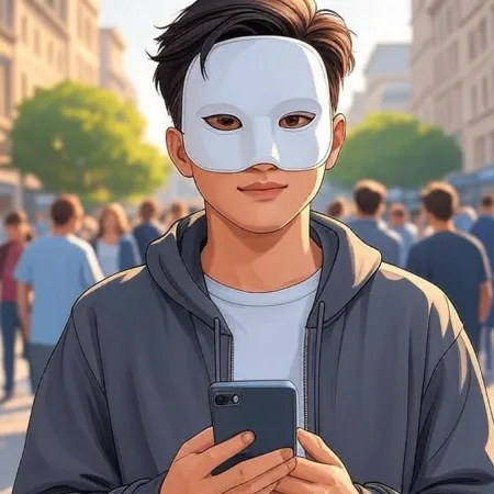一位穿著灰色連帽外套、戴著白色面具的動漫風格年輕男子，手持智能手機，站在擁擠的街道上對著攝像頭。