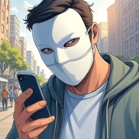 一个戴着白色面具和连帽衫的男人在城市街道上看着他的手机。图像采用卡通或漫画风格。