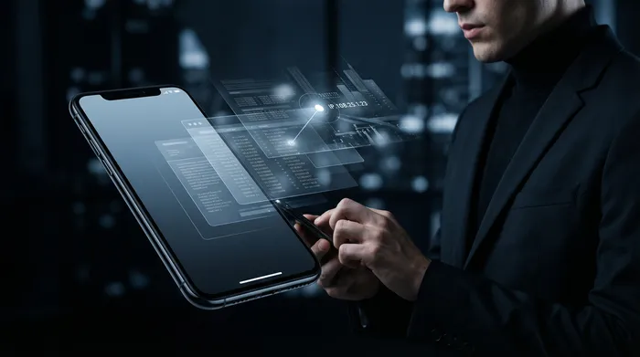 兩支智慧型手機並排放在桌上,由一個發光的數位網絡連接,象徵著裝置之間的數據傳輸。