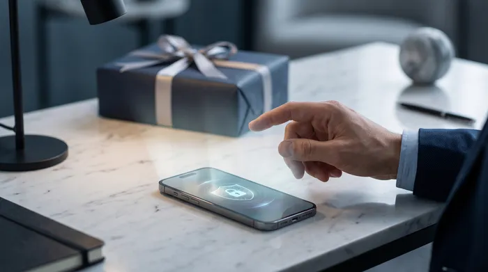 一隻手拿著智慧型手機,手機上顯示著一個訊息介面,上面疊加了科技圖形元素,包括一個鎖頭、電路和一個電話號碼,說明了行動安全和數位通訊。