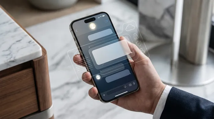 一支智慧型手機放在筆記型電腦旁的桌上,螢幕上以擴增實境的方式顯示著數位地理定位圖示。