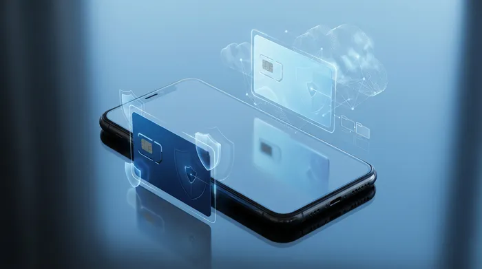 一隻手拿著智慧型手機,手機上顯示著一個現代化的全息投影訊息介面,上面有對話泡泡和安全圖示。