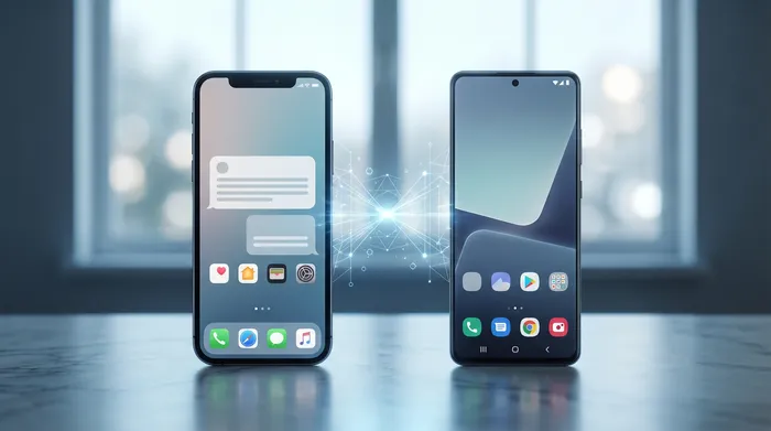 一支智慧型手機,其數位SIM卡以全息投影形式呈現,象徵著數據安全和雲端儲存。