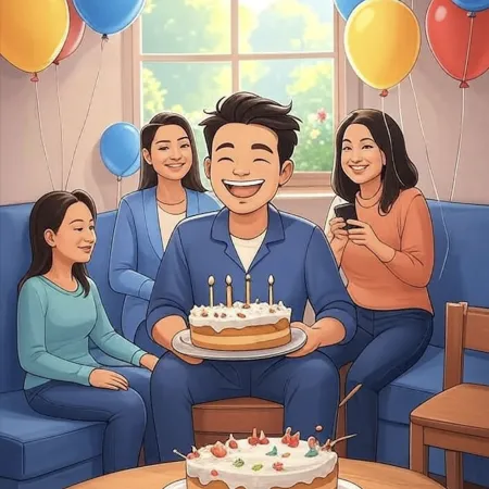 一个微笑的男人手里拿着五根蜡烛的蛋糕，周围是亲人在装饰着彩色气球的客厅里。