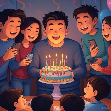 一幅生日插图，一个微笑的男人手里拿着装饰着点燃蜡烛的蛋糕，周围是朋友和亲人用手机拍照。
