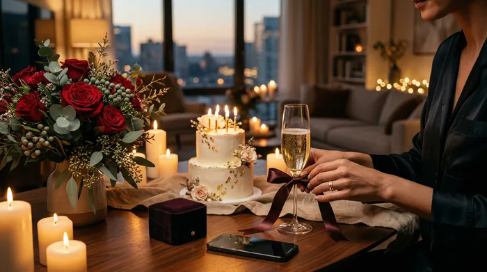 一位微笑的女子坐在現代化的廚房裡看著她的手機,而背景中的兩名男子正向她端上點燃蠟燭的生日蛋糕。